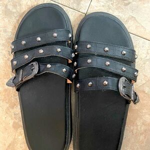 Studded Buckle Black Slide Sandals
